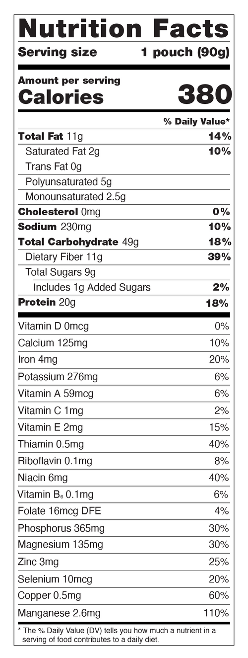 Nutrition Facts label for a serving size 1 pouch (90g). Amount per serving: 380 Calories. Macronutrients include Total Fat 11g, Saturated Fat 2g, Trans Fat 0g, Polyunsaturated Fat 45, Monounsaturated Fat 2.5g, Cholesterol 0mg, Sodium 230mg, Total Carbohydrate 49g, Dietary Fiber 11g, Total Sugars 9g with 1g Added Sugars, and Protein 20g. The label also lists percentages of Daily Value for various vitamins and minerals, including Vitamin D, Calcium, Iron, Potassium, etc.