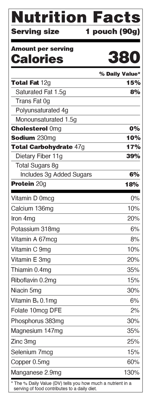 Nutrition Facts label for a serving size 1 pouch (90g). Amount per serving: 380 Calories. Macronutrients include Total Fat 12g, Saturated Fat 1.5g, Trans Fat 0g, Polyunsaturated Fat 4g, Monounsaturated Fat 1.5g, Cholesterol 0mg, Sodium 230mg, Total Carbohydrate 47g, Dietary Fiber 11g, Total Sugars 8g with 3g Added Sugars, and Protein 20g. The label also lists percentages of Daily Value for various vitamins and minerals, including Vitamin D, Calcium, Iron, Potassium, etc.
