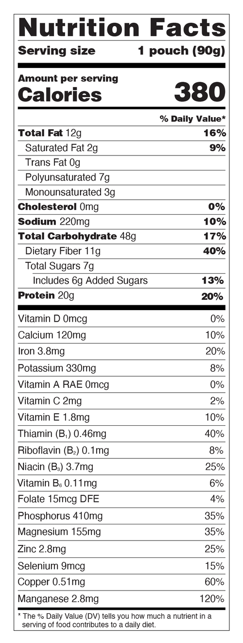 Calories : 380
Total Fat : 12g
Cholesterol : 0mg
Sodium : 220mg
Total Carbohydrate : 48g
Protein : 20g