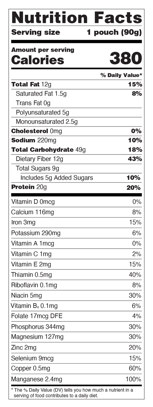 Nutrition Facts label for a serving size 1 pouch (90g). Amount per serving: 380 Calories. Macronutrients include Total Fat 12g, Saturated Fat 1.5g, Trans Fat 0g, Polyunsaturated Fat 5g, Monounsaturated Fat 2.5g, Cholesterol 0mg, Sodium 220mg, Total Carbohydrate 49g, Dietary Fiber 12g, Total Sugars 9g with 5g Added Sugars, and Protein 20g. The label also lists percentages of Daily Value for various vitamins and minerals, including Vitamin D, Calcium, Iron, Potassium, etc.