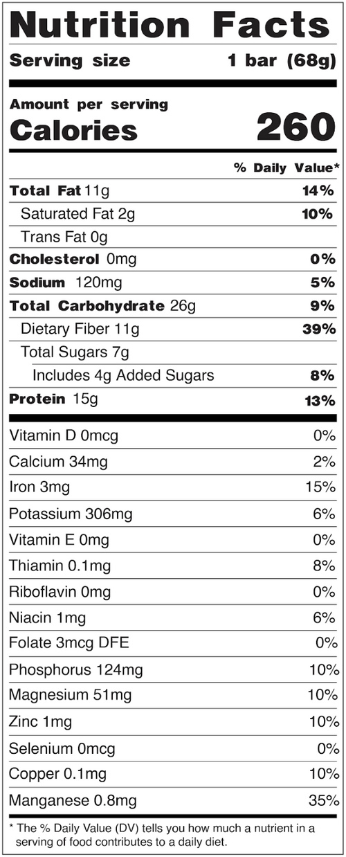 Calories 260, Total fat 11g, cholesterol 0mg, sodium 120mg, total carbohydrate 26g, fiber 11g, sugar 7g, protein 15g