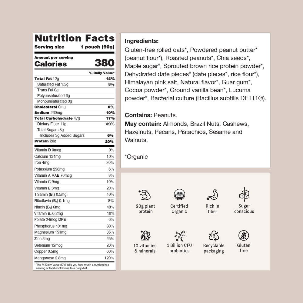 Serving size 1 pouch (90g)
Calories: 380
Total Fat: 12g (15% Daily Value)
Saturated Fat: 1.5g (8% DV)
Trans Fat: 0g
Polyunsaturated Fat: 6g
Monounsaturated Fat: 3g
Cholesterol: 0mg (0% DV)
Sodium: 230mg (16% DV)
Total Carbohydrate: 47g (17% DV)
Dietary Fiber: 11g (39% DV)
Total Sugars: 8g
Includes 3g Added Sugars (6% DV)
Protein: 20g (20% DV)
Vitamin D: 0mcg (0% DV)
Calcium: 134mg (10% DV)
Iron: 4mg (20% DV)
Potassium: 298mg (6% DV)