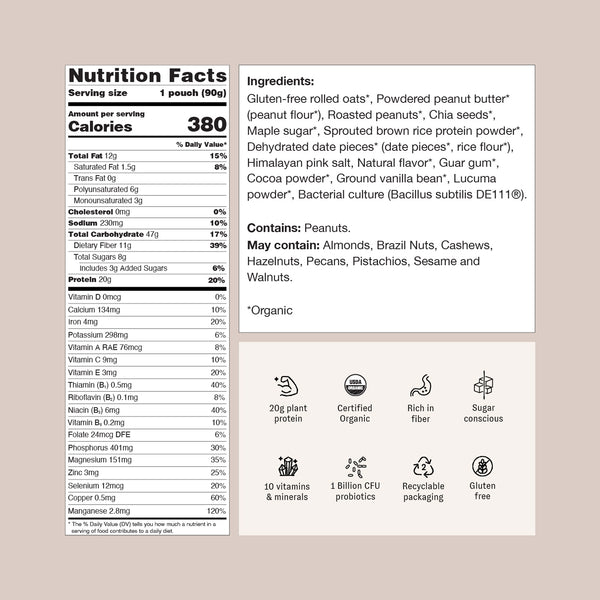 Serving size 1 pouch (90g)
Calories: 380
Total Fat: 12g (15% Daily Value)
Saturated Fat: 1.5g (8% DV)
Trans Fat: 0g
Polyunsaturated Fat: 6g
Monounsaturated Fat: 3g
Cholesterol: 0mg (0% DV)
Sodium: 230mg (16% DV)
Total Carbohydrate: 47g (17% DV)
Dietary Fiber: 11g (39% DV)
Total Sugars: 8g
Includes 3g Added Sugars (6% DV)
Protein: 20g (20% DV)
Vitamin D: 0mcg (0% DV)
Calcium: 134mg (10% DV)
Iron: 4mg (20% DV)
Potassium: 298mg (6% DV)