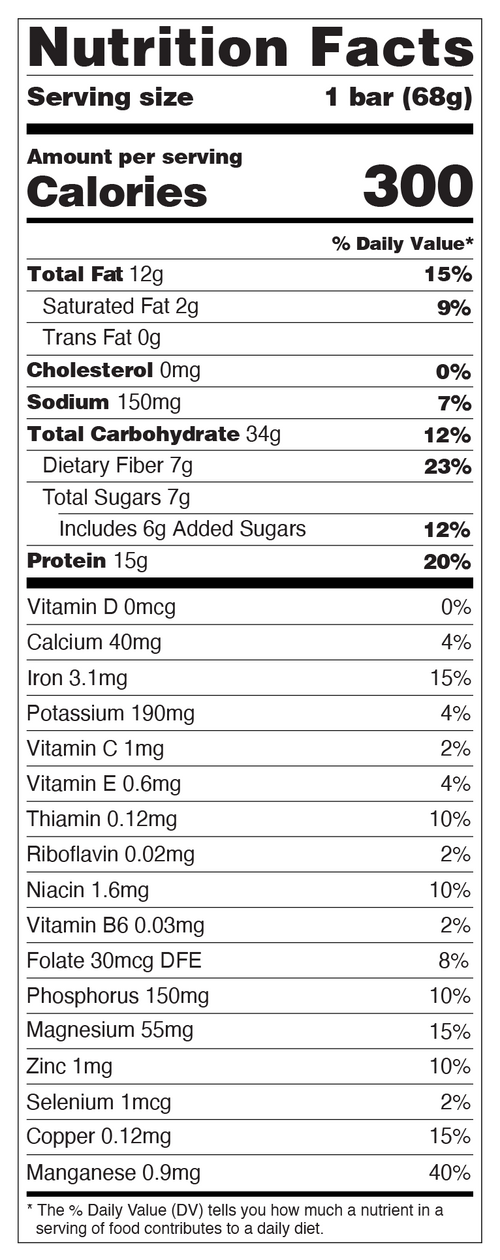 Serving size: 1 bar (68 g)
Calories: 300
Total fat: 12 g (15% DV)
Saturated fat: 2 g (9% DV)
Trans fat: 0 g
Cholesterol: 0 mg (0% DV)
Sodium: 150 mg (7% DV)
Total carbohydrate: 34 g (12% DV)
Dietary fiber: 7 g (23% DV)
Total sugars: 7 g
Includes added sugars: 6 g (12% DV)
Protein: 15 g (20% DV)
Vitamin D: 0 mcg (0% DV)
Calcium: 40 mg (4% DV)
Iron: 3.1 mg (15% DV)
Potassium: 190 mg (4% DV)