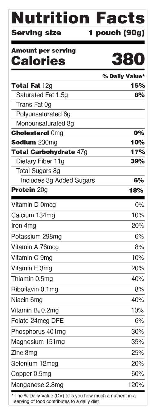 Nutrition Facts label for a serving size 1 pouch (90g). Amount per serving: 380 Calories. Macronutrients include Total Fat 12g, Saturated Fat 1.5g, Trans Fat 0g, Polyunsaturated Fat 6g, Monounsaturated Fat 3g, Cholesterol 0mg, Sodium 230mg, Total Carbohydrate 47g, Dietary Fiber 11g, Total Sugars 8g with 3g Added Sugars, and Protein 20g. The label also lists percentages of Daily Value for various vitamins and minerals, including Vitamin D, Calcium, Iron, Potassium, etc.
