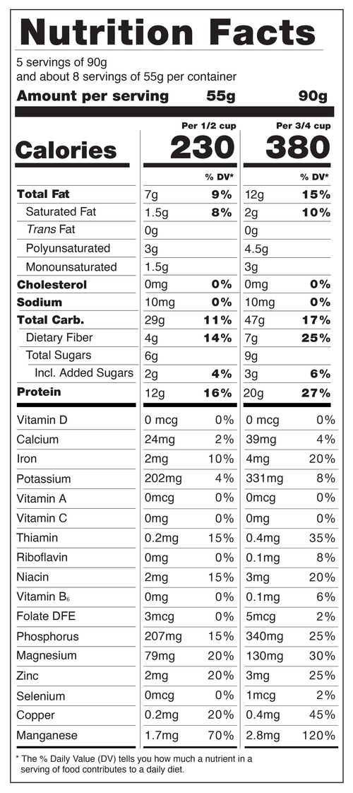 Bulk nutrition fact per 90g. calories:380, total fat:12g, cholesterol: 0mg, Sodium: 10mg, Total Carb.: 47g, Protein: 20g.