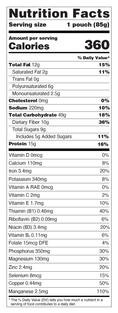 Calories : 360
Total Fat : 12g
Cholesterol : 0
Sodium : 220mg
Total Carbohydrate : 49g
Protein : 15g