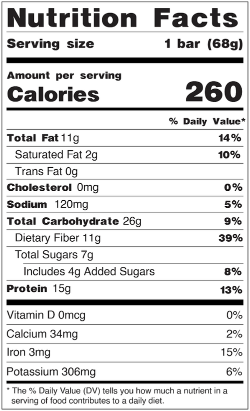 Calories 260, Total fat 11g, cholesterol 0mg, sodium 120mg, total carbohydrate 26g, fiber 11g, sugar 7g, protein 15g