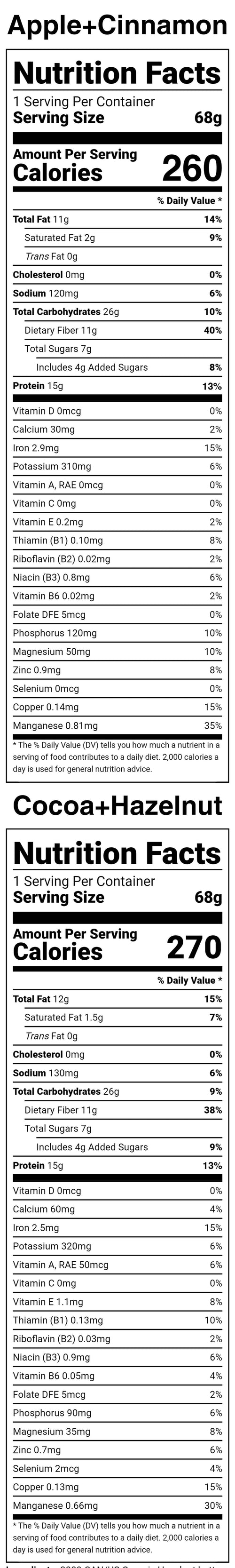 Nutrition Facts holos bars variety box apple+cinnamon & cocoa+hazelnut